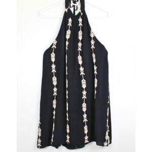 Lush Black Halter Dress Size Medium Embroidered Drawstring Back Boho Festival
